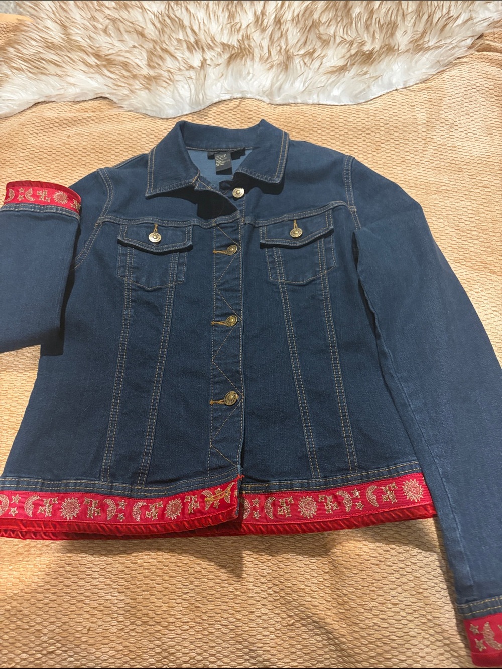 twiggy LONDON Dark Blue Denim Jacket with Red Embroidered Hem